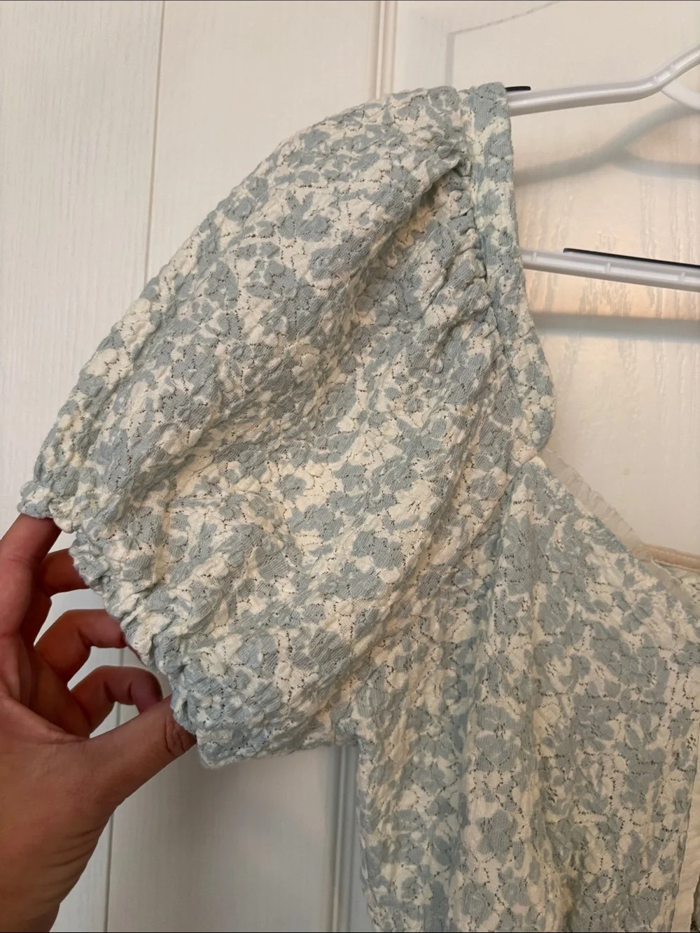 Free People Oh Baby Top Soft Blue Floral Puff-Sleeve Peplum Blouse Medium